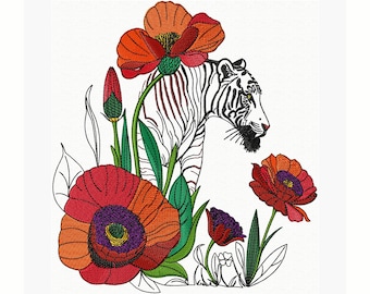 Dessin de Broderie Coquelicots avec un Tigre Broderie Machine, Broderie Florale, Broderie d'Animal, 4 Tailles