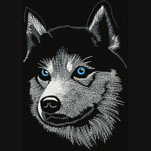Husky Hund Maschinenstickerei Hundeportrait auf schwarzem Stoff, Tierstickerei