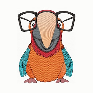 May include: Embroidered design of a parrot wearing black glasses. The parrot has orange, red, blue, and gray feathers. The parrot's beak is tan, and the eyes are white with black pupils. The design is on a white background.
