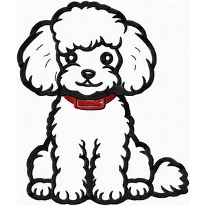 Può includere: Design ricamato in bianco e nero di un barboncino seduto. Il cane ha un collare rosso. Il corpo soffice è bianco e il contorno è nero, creando un effetto di contrasto.