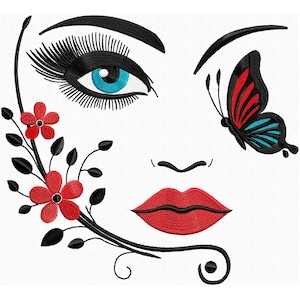 May include: An embroidered design of a stylized face with a blue eye, red lips, and a butterfly. Red flowers and black leaves adorn the left side. The butterfly has red and blue wings. The design is on a white background.