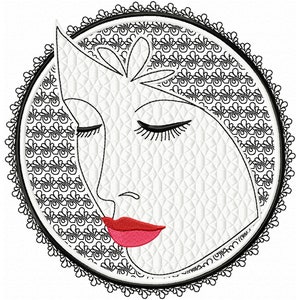 Woman Face Machine Embroidery Design Delicate embroidery on lace background