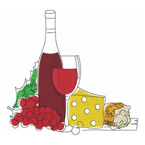 Peut inclure: Une broderie représentant une bouteille de vin, un verre rempli, une grappe de raisins rouges, une part de fromage jaune à trous blancs et un morceau de pain. Des feuilles vertes sont également incluses dans le motif. L'image est sur fond blanc.