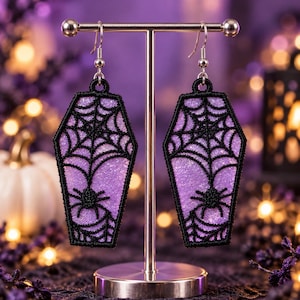 Halloween Earrings Embroidery Design Spider and his web Machine Embroidery Embroidered on Organza