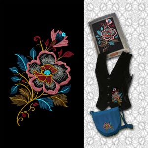 Extravagant blombroderidesign, maskinbroderi av en folkloristisk blomma för att dekorera alla dina accessoarer