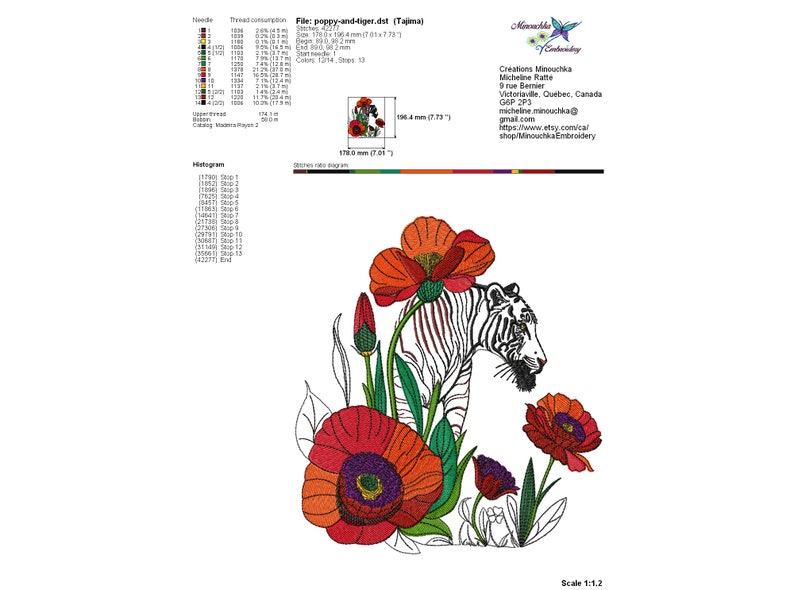 Embroidery Design Poppies with a Tiger Machine Embroidery Designs, Floral Embroidery, Animal Embroidery, 4 Sizes image 6