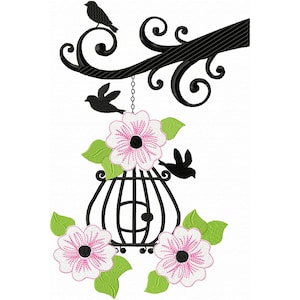 Broderie Machine Oiseau avec Volière fleurie, Broderie florale raffinée avec cage garnie de petites fleurs roses.