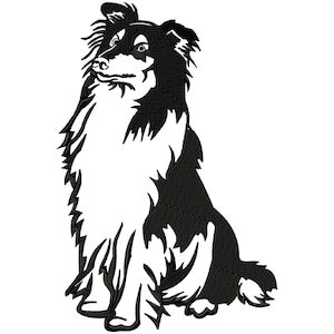 May include: Black and white silhouette of a sitting border collie dog. The dog is facing the viewer with its head tilted slightly to the side.