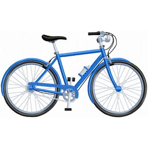 May include: A blue bicycle with black handlebars, a black seat, and silver wheels.