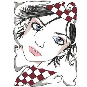 Woman Face Machine Embroidery Design Silhouette of Teenage Girl on a Checkerboard