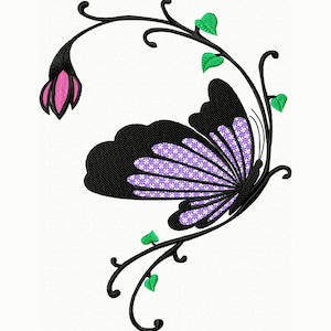 Puede incluir: Una mariposa púrpura y negra con un diseño estampado en sus alas está posada en una vid negra con hojas verdes y una flor rosa.