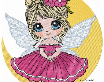 May include: Embroidered image of a fairy with blonde hair, blue eyes, and pink dress, seated on a yellow crescent moon. The fairy has white wings and a pink flower crown. The text "Exclusivité Minouchka Embroidery" is at the bottom.
