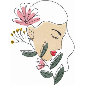 Woman Face Machine Embroidery Design, Floral Embroidery, Fashion Embroidery, Line Art Embroidery