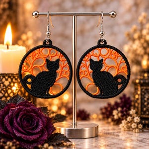 FSL Halloween Earrings Embroidery Design Black Cat Earrings Machine Embroidery Design Freestanding Lace Earrings.