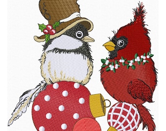 Christmas Embroidery Design Machine Embroidery Cardinal and Chickadee Christmas Decoration, Bird Embroidery, Christmas ornament