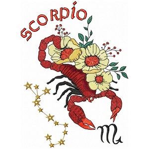 以下が含まれることがあります： サソリ、花、星をモチーフにした、星座「蠍座」の刺繍デザイン。サソリの頭上に「蠍座」という文字がスタイリッシュなフォントで書かれています。