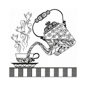 以下が含まれることがあります： ティーポットがカップに紅茶を注いでいる白黒のイラスト。ティーポットとカップは複雑な模様で飾られています。3羽の鳥がティーポットの周りを飛んでおり、注ぎ口から蒸気が上がっています。