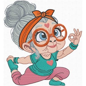 May include: Embroidered design of an elderly woman in yoga pose. She wears orange glasses, a headband, and a teal shirt with a pink heart. Her gray hair is styled in a bun. She is wearing pink pants and teal socks and bracelets.