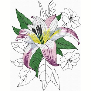 Lily Machine Embroidery Designs Line Art Floral Embroidery Pattern, Tropical Flower