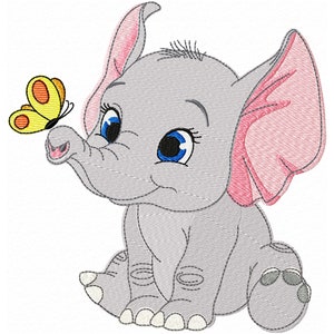 Cute baby elephant Animal embroidery design, Machine embroidery, big eyes and a butterfly, Children's Embroidery