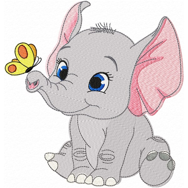 Cute baby elephant Animal embroidery design, Machine embroidery, big eyes and a butterfly, Children's Embroidery