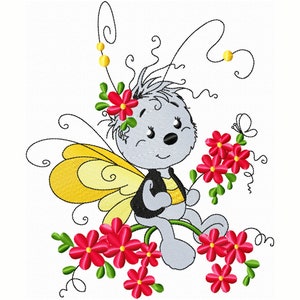May include: A gray and yellow embroidered design of a cartoon bee with red flowers and green leaves. The bee has a yellow and black striped body and a red flower on its head.