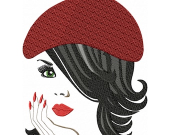 Bordado de Rostro de Mujer con Boina Bordado a Máquina Bordado de Moda Delicado y Elegante