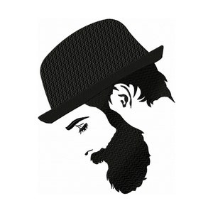 May include: Black and white silhouette of a person with a beard wearing a fedora hat.