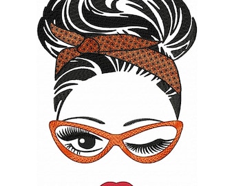 Máquina de bordar para mujer Bordado a máquina Rostro de mujer con gafas y diadema Bordado de moda