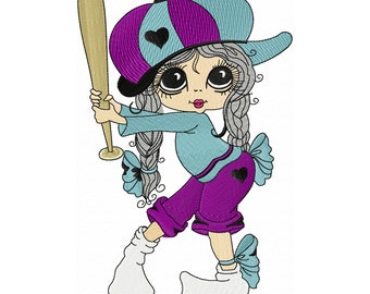 Broderie de Baseball Fille avec casquette et Bâton Broderie Machine, Broderie de Sport, Broderie de Fille, Broderie Mignonne