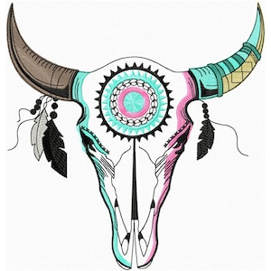 May include: Embroidered design of a bull skull with decorative elements. The skull is white with teal, pink, and black accents. The horns are brown and teal, and the design includes feathers and a circular pattern.