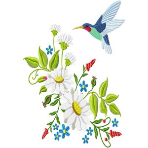 Hummingbird and Flowers Bird Embroidery Design Machine Embroidery