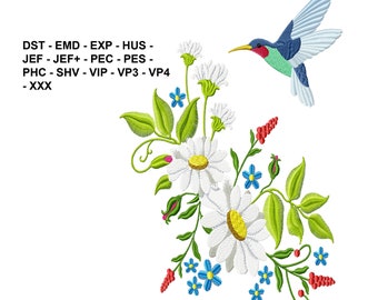 HUMMINGBIRD and FLOWERS Bird Embroidery Design Machine Embroidery Designs, Foraging Bird Embroidery, Floral Embroidery, Daisies