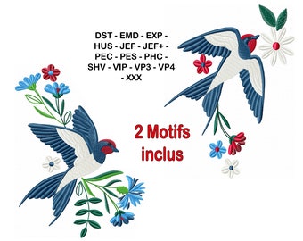 Flowers and Swallow Machine Embroidery Designs, Bird Embroidery and Wild Flowers