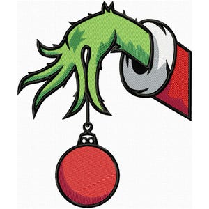 May include: An embroidered patch design featuring a green, furry hand with long fingers emerging from a red sleeve with a white cuff. The hand is holding a circular red Christmas ornament by a thin black string, outlined in bold black stitching.