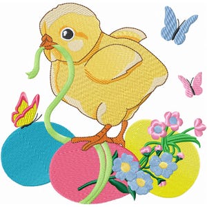 Broderie machine Poussin avec Oeufs Broderie de Pâques Broderie d&#39;Oiseau Broderie Mignonne