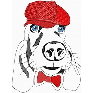 May include: A cartoon illustration of a dog wearing a red cap and a red bow tie. The dog has black and white fur and blue eyes.