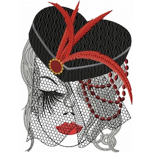 May include: Embroidered design of a woman's face wearing a black hat with a red feather and a veil with red beads. The woman's eyes are closed and her lips are red.