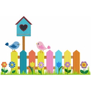 Flower Garden and Birdhouses Machine Embroidery Design, Bird Embroidery, Floral Embroidery
