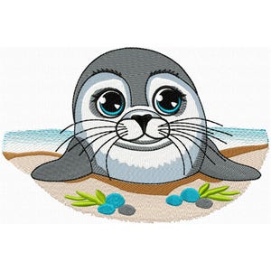 Cute Seal on a Beach Embroidery Design Machine Embroidery of a Sea Animal Embroidery for Beach Bag Fish Embroidery