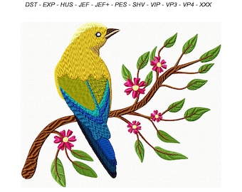 Bird Embroidery Design Beautiful Yellow Bird with Flowers Machine Embroidery Designs, Animal Embroidery