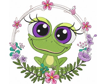 Cute Frog Embroidery Design Machine Embroidery of Animal with Big Eyes surrounded by a crown of flowers, Floral Embroidery