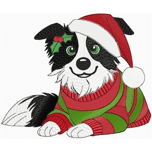 May include: A festive embroidered design of a Border Collie dog wearing a Santa hat and a red and green striped sweater. The dog has green eyes and a sprig of holly. The design is perfect for Christmas-themed crafts and apparel.