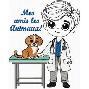Puede incluir: Un diseño bordado con un veterinario de dibujos animados con un estetoscopio, de pie junto a un cachorro marrón y blanco sobre una mesa turquesa. El texto "Mes amis les Animaux!" está encima del cachorro.