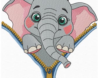 Lindo diseño de bordado a máquina de elefante de un animal que sale de un bolsillo con cremallera