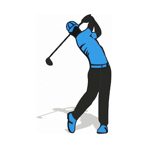 Peut inclure: Un golfeur portant une chemise bleue et un pantalon noir balance un club de golf. Le golfeur porte un chapeau bleu et a une ombre au sol.