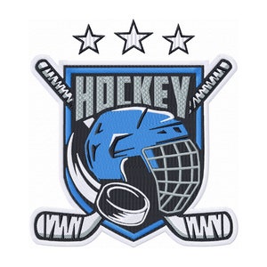 May include: A blue and white hockey logo with a helmet, stick, and puck. The word "HOCKEY" is written in gray letters with a white outline. Three white stars are above the logo.