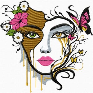 Pode incluir: Um design de bordado digital que apresenta um rosto estilizado com flores e borboletas. O rosto está parcialmente coberto de tinta dourada, e o design é delineado em preto.