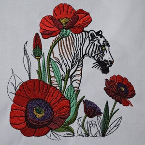 Embroidery Design Poppies with a Tiger Machine Embroidery Designs, Floral Embroidery, Animal Embroidery, 4 Sizes image 5