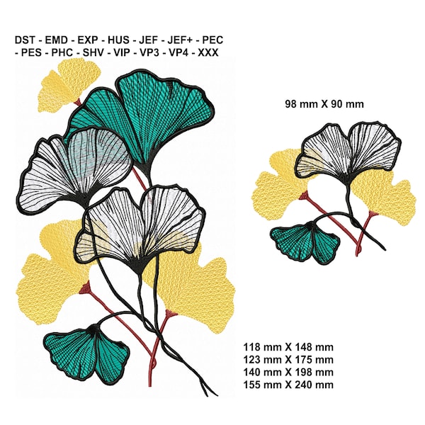 Broderie de Fleur GINKGO BILOBA Dessin de Broderie Machine, Broderie florale,  Broderie Contours